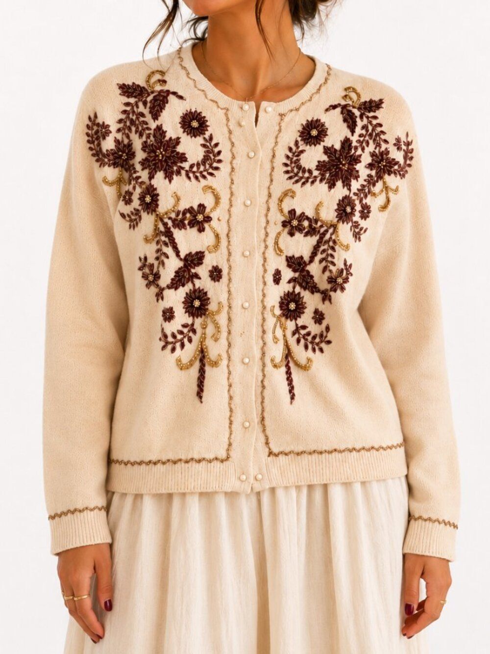 Vintage 1940s 1950s Cream Color Front & Back Beaded Wool Blend Cardigan Size 38